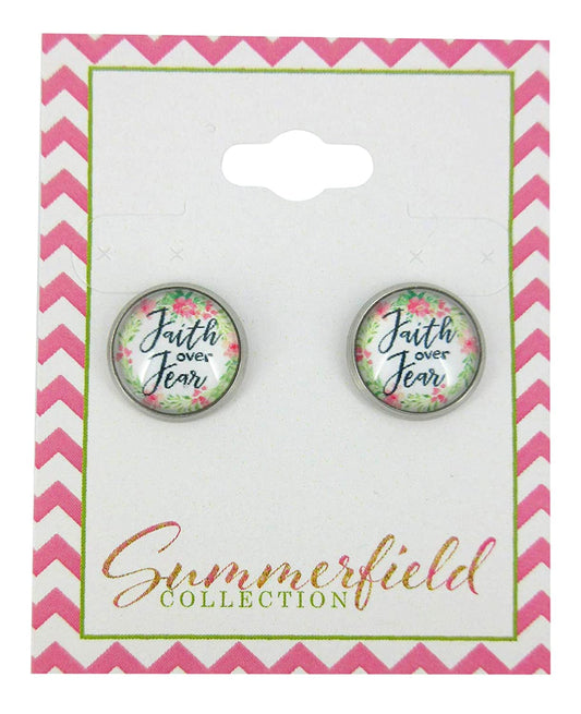 Stainless Steel Faith Over Fear Print Glass Stud Earrings 12mm