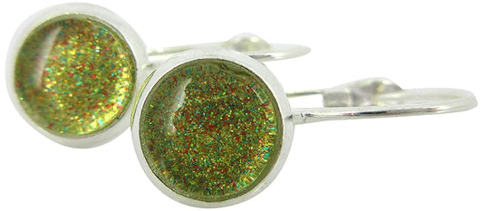 Silver-tone Gold Green Red Glitter Glass Drop Earrings Hand-painted 8mm