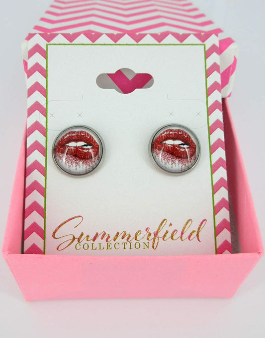 Stainless Steel Lip Bite Print Glass Stud Earrings 12mm White Red Lipstick