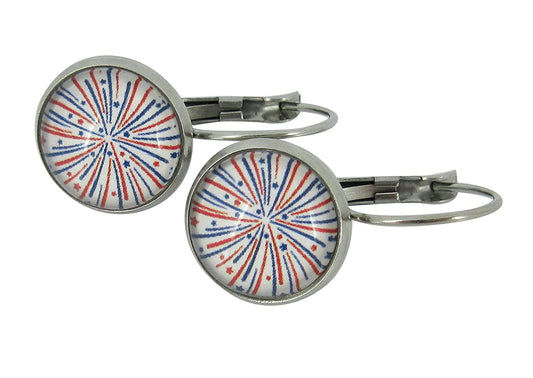 Stainless Steel Firework Print Glass Lever-back Drop Earrings 12mm Red White Blue USA