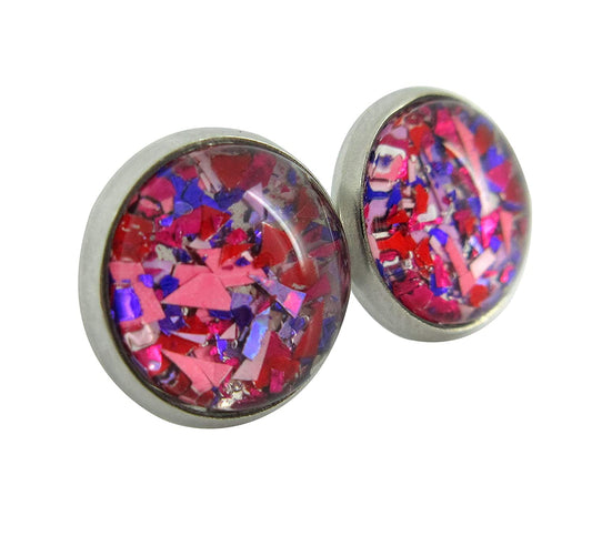 Stainless Steel Pink Purple Red Metallic Shard Glitter Glass Stud Earrings Hand-painted 10mm