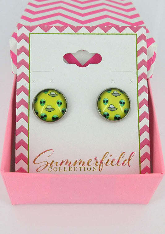 Stainless Steel Yellow and Neon Green Alien UFO Print Glass Stud Earrings 12mm