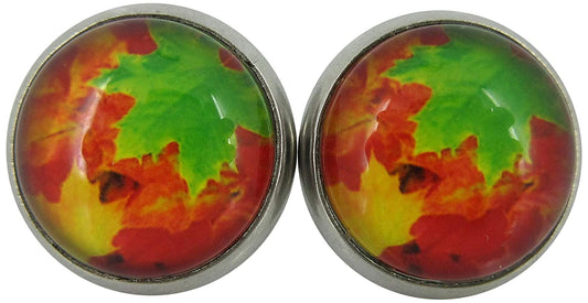 Stainless Steel Fall Leaves Green Orange Yellow Print Glass Stud Earrings 12mm
