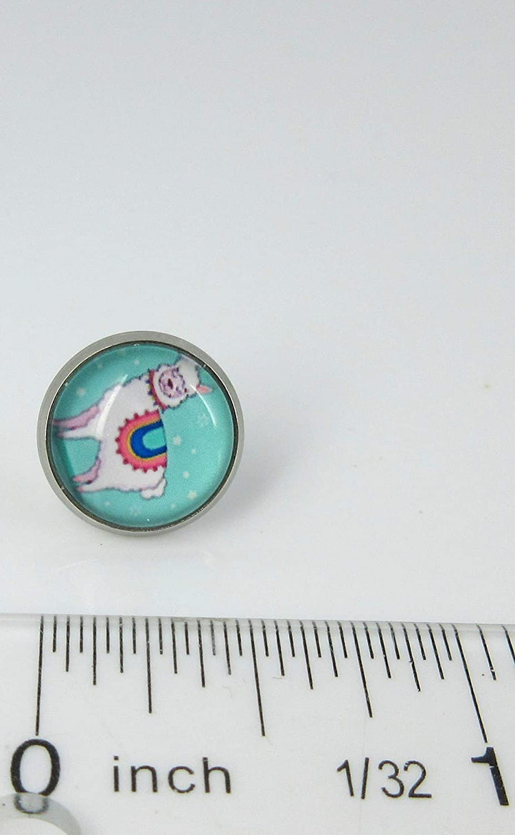 Stainless Steel Teal Llama Print Glass Stud Earrings 12mm