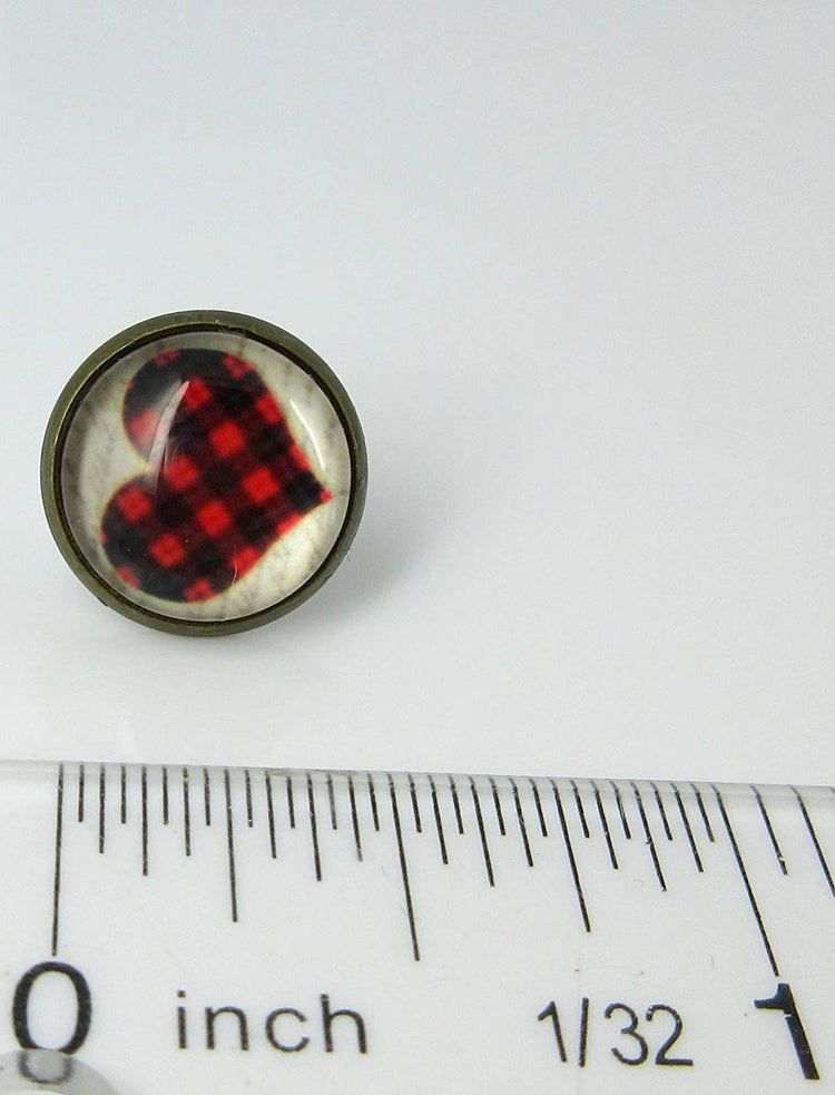 Antiqued Gold-tone Buffalo Plaid Heart Print Glass Stud Earrings 12mm