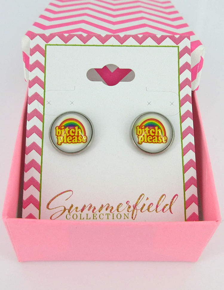 Stainless Steel Rainbow Bitch Please Print Glass Stud Earrings 12mm
