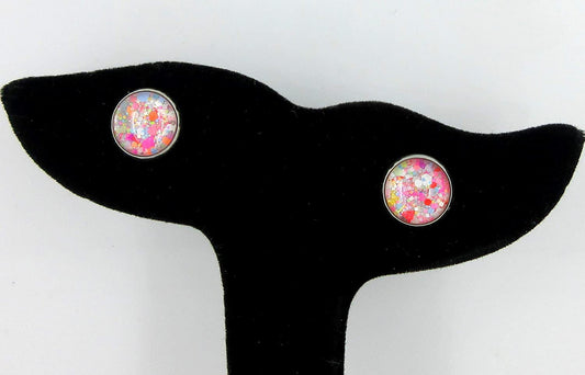 Stainless Steel Happy Confetti Glitter Glass Stud Earrings Hand-painted 10mm