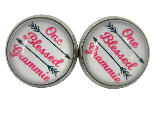 Stainless Steel One Blessed Grammie Print Glass Stud Earrings 12mm