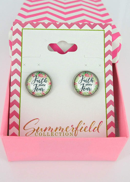 Stainless Steel Faith Over Fear Print Glass Stud Earrings 12mm