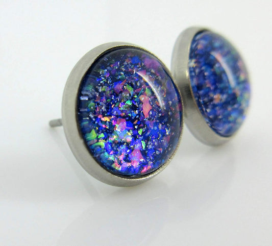 Stainless Steel Blue Purple Pink Glitter Glass Stud Earrings Hand-painted 10mm