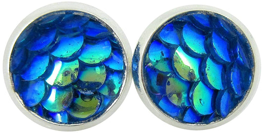 Silver-tone Metallic Mermaid Scale Stud Earrings 8mm (Blue/Green)