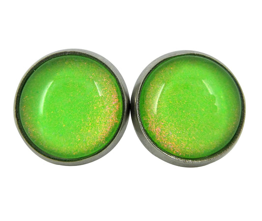 Stainless Steel Neon Green Colorshifting Glitter Glass Stud Earrings Hand-painted 10mm