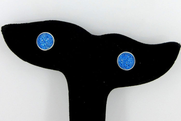 Duo Silver-tone Rainy Day Blues Faux Druzy Stone Stud Earrings 8mm Set
