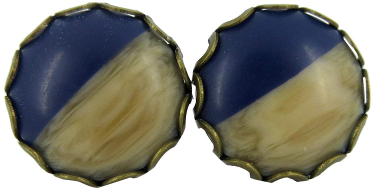 Antiqued Gold-tone Dark Blue Faux Wood and Resin Stud Earrings 12mm