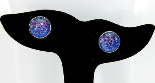 Silver-tone Glitter Glass Galaxy 12mm Stud Earrings Blue Purple Teal