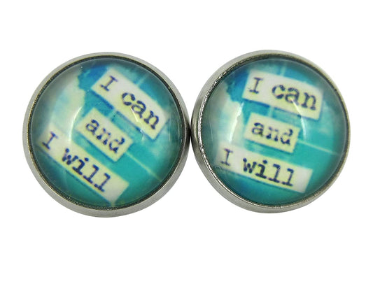 Stainless Steel I Can and I Will Print Glass Stud Earrings 12mm Blue