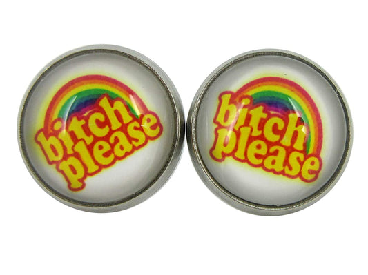 Stainless Steel Rainbow Bitch Please Print Glass Stud Earrings 12mm