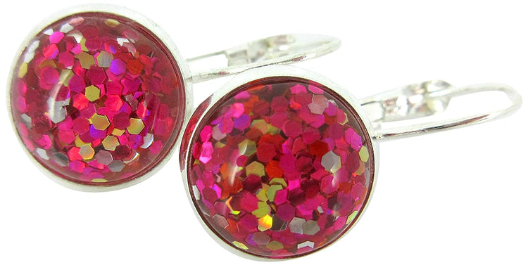 Silver-tone Metallic Glitter Resin Lever-back Drop Earrings 12mm (Pink)