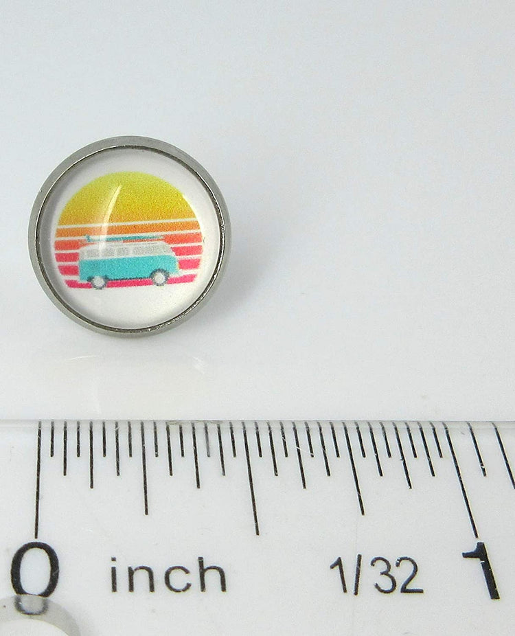 Stainless Steel Vintage Camper Sunset Print Glass Stud Earrings 12mm