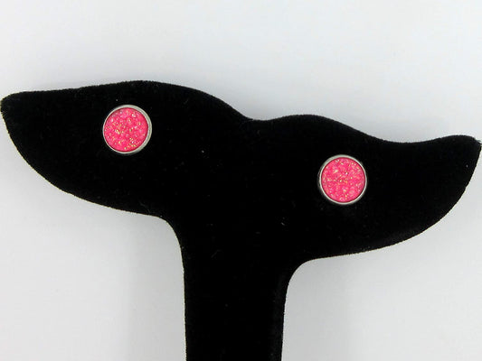 Stainless Steel Neon Pink Orange Yellow Green Faux Glitter Druzy Stone 8mm Stud Earrings Set