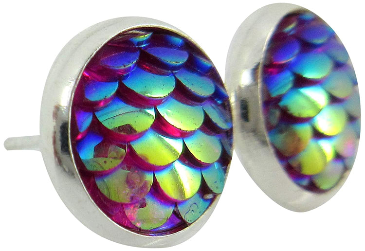 Silver-tone Pink Purple Metallic Mermaid Scale Stud Earrings 10mm