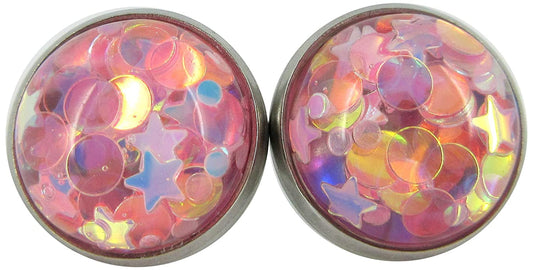 Stainless Steel Glitter Resin Globe Stud Earrings 12mm (Lilac)