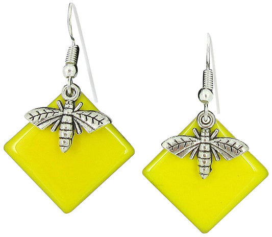 Silver-tone Yellow Enamel Bee Charm Dangle Earrings