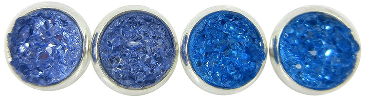 Duo Silver-tone Rainy Day Blues Faux Druzy Stone Stud Earrings 8mm Set