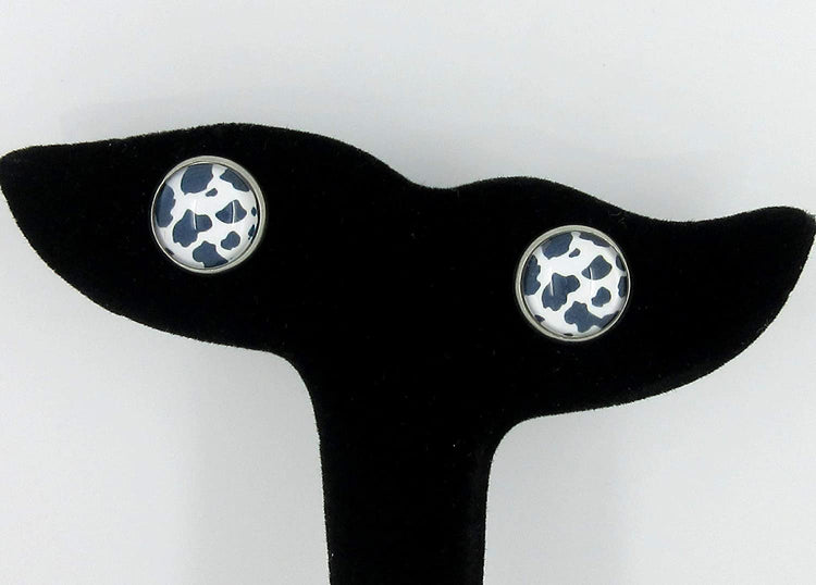 Stainless Steel Black Cow Animal Print Glass Stud Earrings 12mm