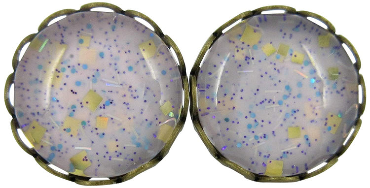 Antiqued Gold-tone Lavender Purple Glitter Glass Stud Earrings Hand-painted 10mm