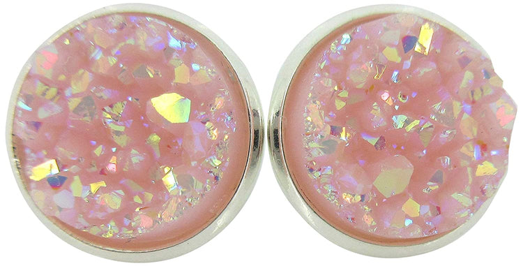 Silver-tone Pastel AB Faux Druzy Stone Stud Earrings 12mm