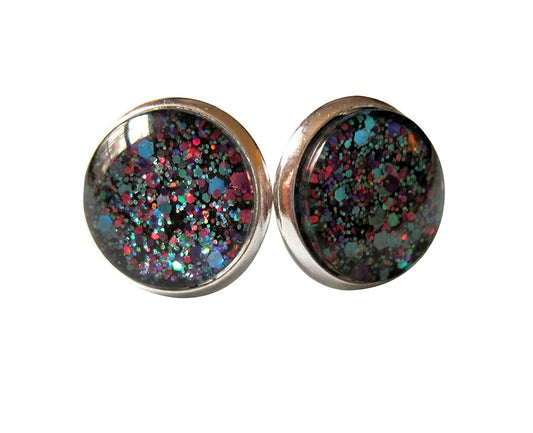 Silver-tone Blue Purple Pink Glitter Glass Stud Earrings 12mm Hand-painted