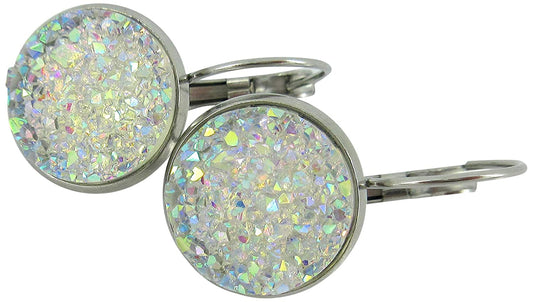 Stainless Steel Clear AB Faux Druzy Stone Lever-back Drop Earrings 14mm