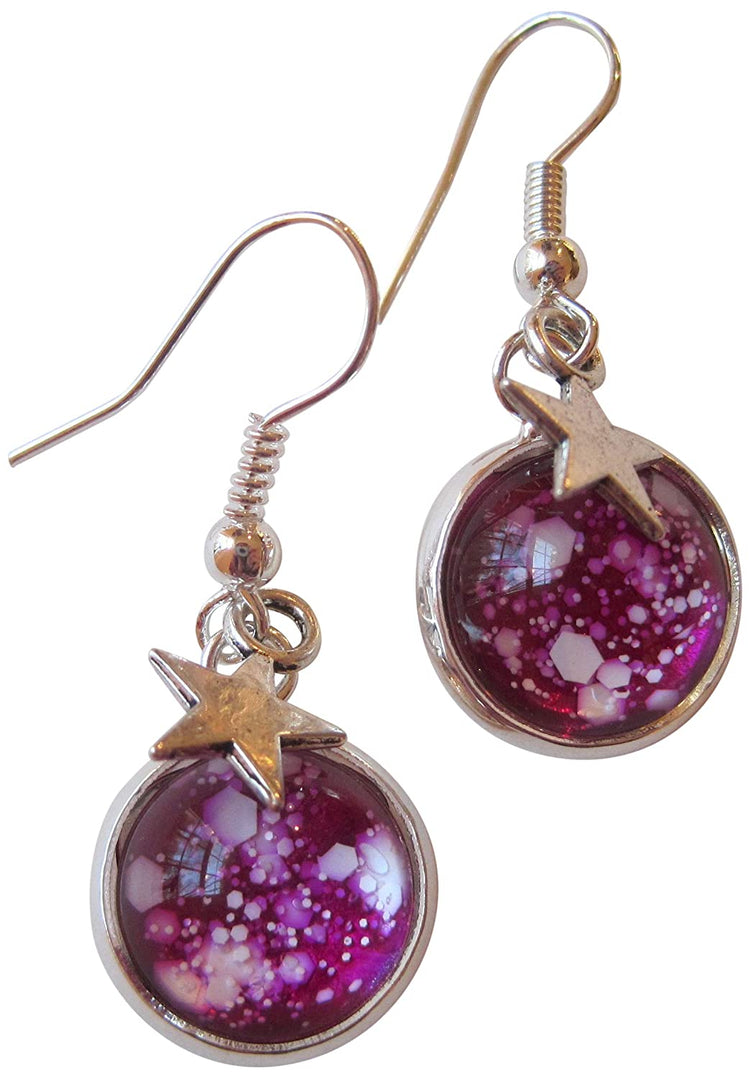 Silver-tone Magenta Pink and White Glitter Glass Star Galaxy Dangle Earrings