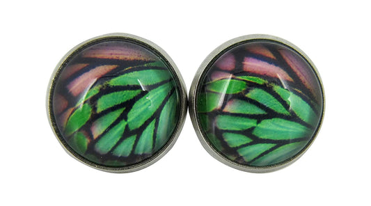 Stainless Steel Butterfly Wing Print Glass Stud Earrings 12mm