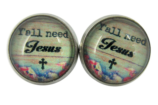 Stainless Steel Y'all need Jesus Print Glass Stud Earrings 12mm