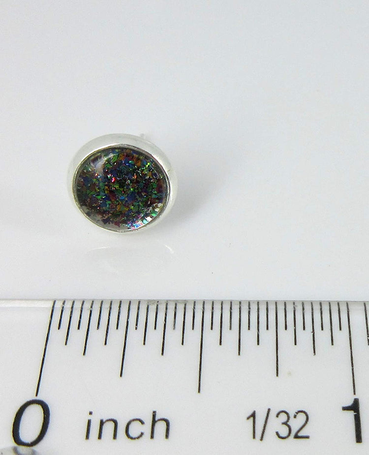 Silver-tone Dark Rainbow Glitter Glass Stud Earrings Hand-painted 8mm