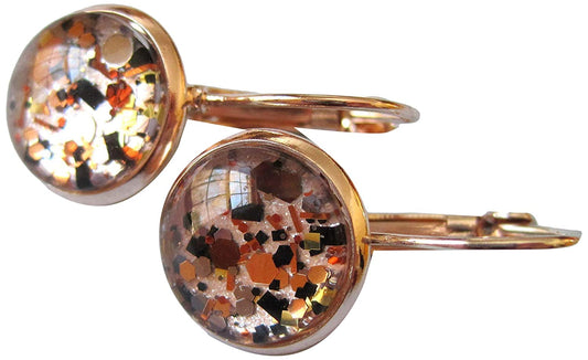 Rose Gold-Tone Pearly Silver and Black Glitter Glass Drop Earrings