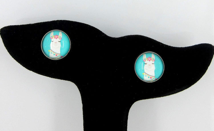 Stainless Steel Teal Llama Head Print Glass Stud Earrings 12mm