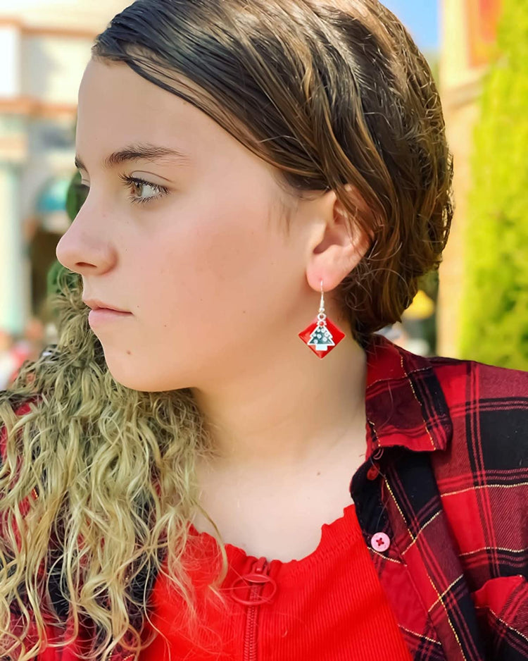 Silver-tone Red Enamel Christmas Tree Charm Dangle Earrings