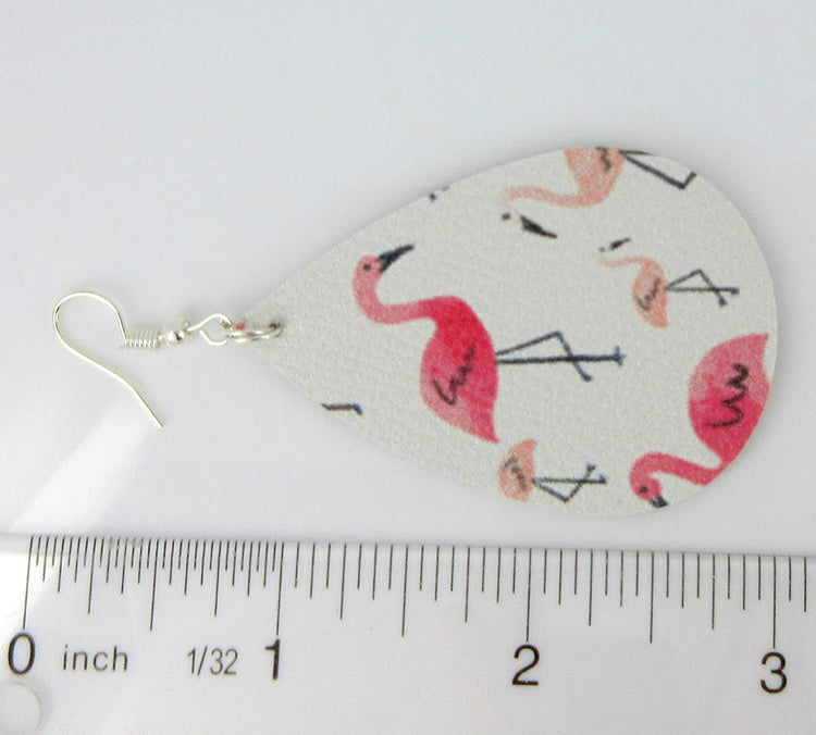 White and Pink Flamingo Faux Leather Large Teardrop Dangle Earrings