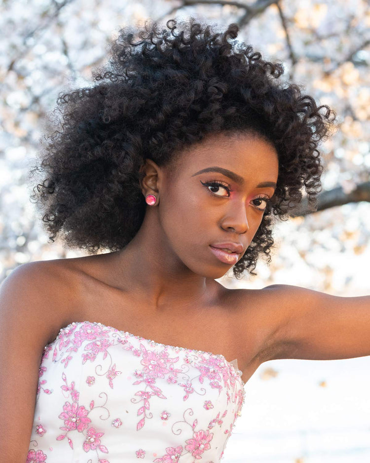 Silver-tone Pink and Gold Shimmer Glitter Glass Stud Earrings Hand-painted 12mm