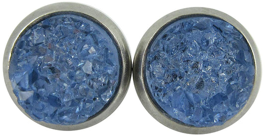 Stainless Steel Glacier Blue Faux Druzy Stone Stud Earrings