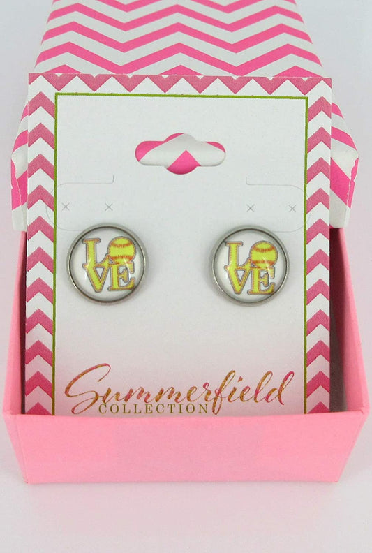Stainless Steel Love Softball Print Glass Stud Earrings 12mm