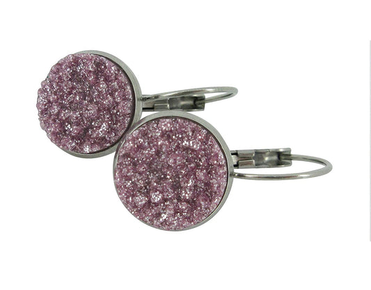 Stainless Steel Lilac Glitter Faux Druzy Stone Lever-back Drop Earrings 12mm