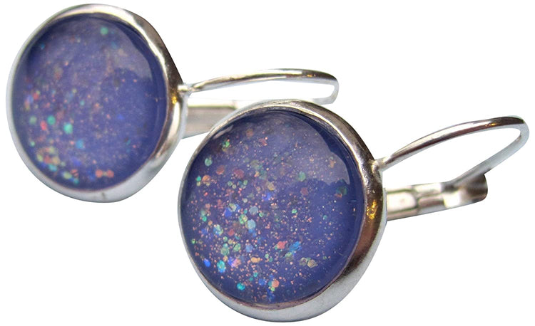 Silver-tone Periwinkle Purple Glitter Glass Lever-back Drop Galaxy Earrings Hand-painted