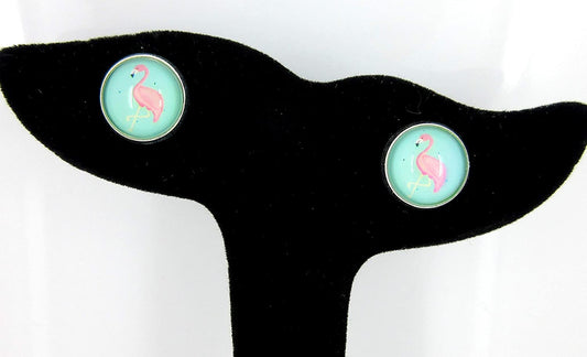 Silver-tone Teal Green Blue and Pink Flamingo Print Glass Stud Earrings 12mm