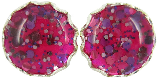 Silver-tone Hot Pink Glitter Glass Stud Earrings Hand-painted 10mm