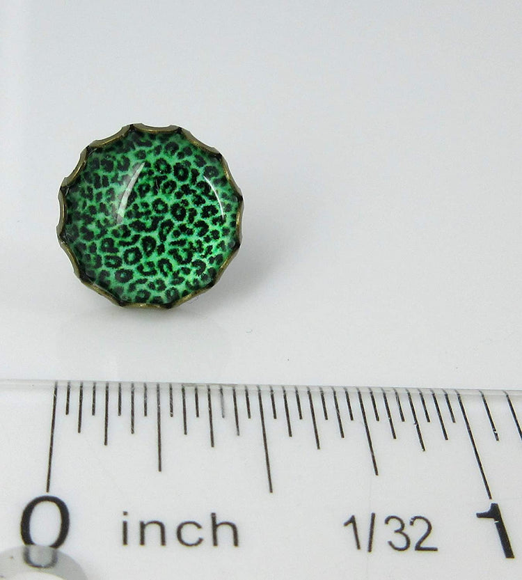 Antiqued Gold-tone Grass Green Animal Print Glass Stud Earrings 12mm