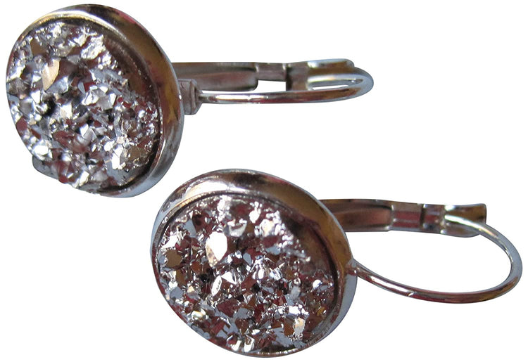 Silver-tone Metallic Faux Druzy Stone Lever-back Drop Earrings 12mm